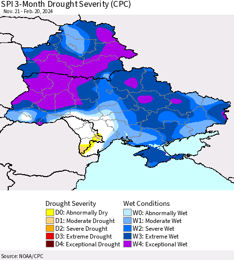 Ukraine, Moldova and Belarus SPI 3-Month Drought Severity (CPC) Thematic Map For 11/21/2023 - 2/20/2024