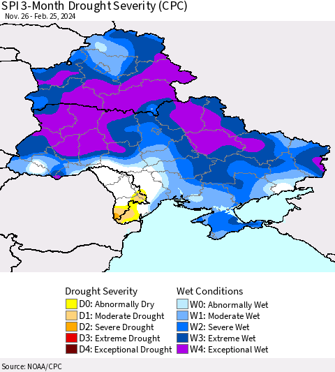 Ukraine, Moldova and Belarus SPI 3-Month Drought Severity (CPC) Thematic Map For 11/26/2023 - 2/25/2024