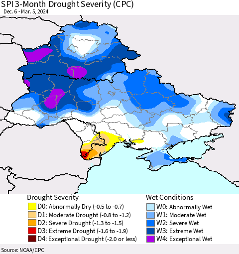 Ukraine, Moldova and Belarus SPI 3-Month Drought Severity (CPC) Thematic Map For 12/6/2023 - 3/5/2024