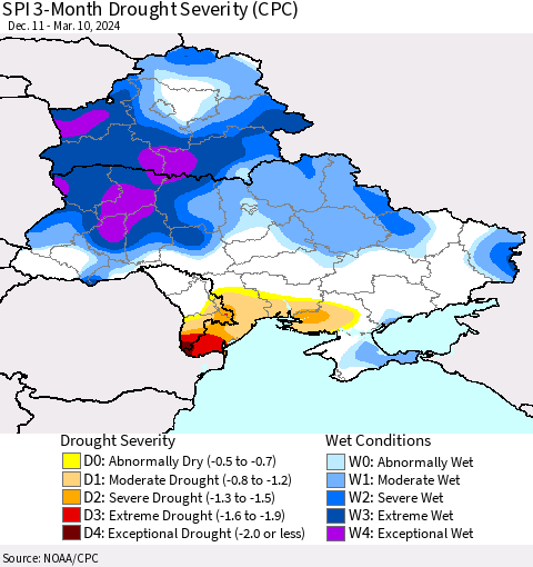 Ukraine, Moldova and Belarus SPI 3-Month Drought Severity (CPC) Thematic Map For 12/11/2023 - 3/10/2024
