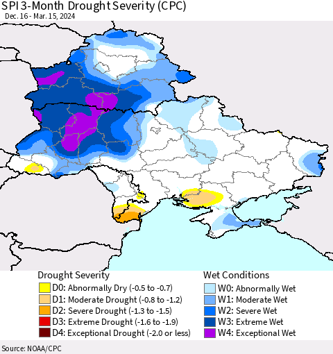 Ukraine, Moldova and Belarus SPI 3-Month Drought Severity (CPC) Thematic Map For 12/16/2023 - 3/15/2024
