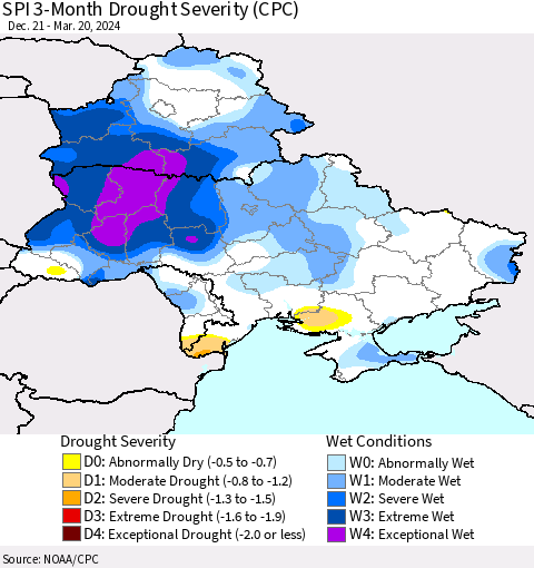 Ukraine, Moldova and Belarus SPI 3-Month Drought Severity (CPC) Thematic Map For 12/21/2023 - 3/20/2024