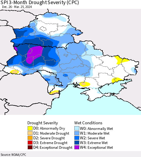 Ukraine, Moldova and Belarus SPI 3-Month Drought Severity (CPC) Thematic Map For 12/26/2023 - 3/25/2024
