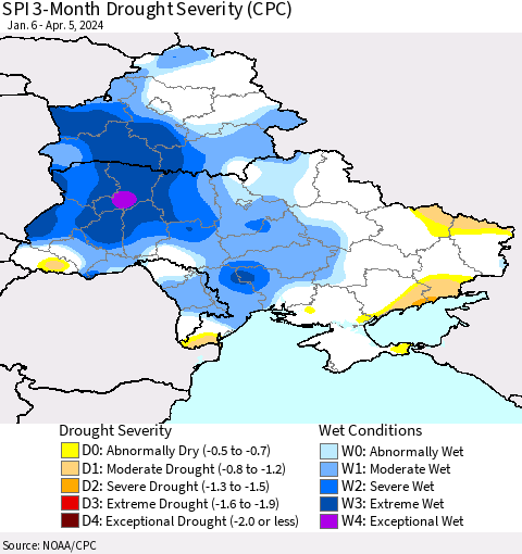 Ukraine, Moldova and Belarus SPI 3-Month Drought Severity (CPC) Thematic Map For 1/6/2024 - 4/5/2024