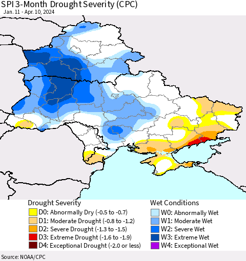 Ukraine, Moldova and Belarus SPI 3-Month Drought Severity (CPC) Thematic Map For 1/11/2024 - 4/10/2024