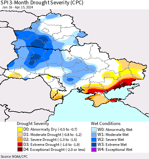 Ukraine, Moldova and Belarus SPI 3-Month Drought Severity (CPC) Thematic Map For 1/16/2024 - 4/15/2024