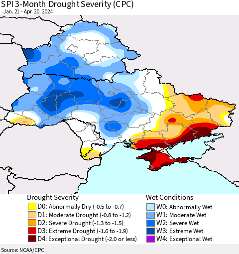 Ukraine, Moldova and Belarus SPI 3-Month Drought Severity (CPC) Thematic Map For 1/21/2024 - 4/20/2024