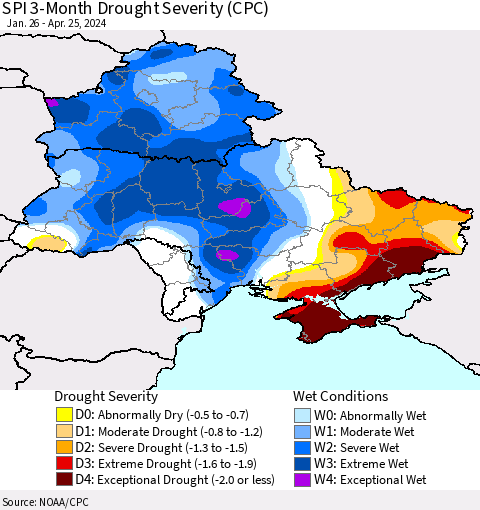 Ukraine, Moldova and Belarus SPI 3-Month Drought Severity (CPC) Thematic Map For 1/26/2024 - 4/25/2024