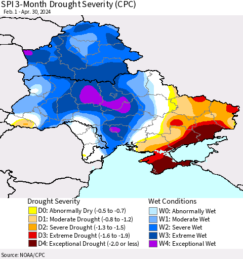 Ukraine, Moldova and Belarus SPI 3-Month Drought Severity (CPC) Thematic Map For 2/1/2024 - 4/30/2024