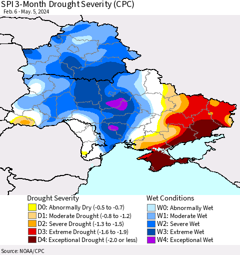 Ukraine, Moldova and Belarus SPI 3-Month Drought Severity (CPC) Thematic Map For 2/6/2024 - 5/5/2024