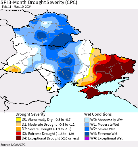 Ukraine, Moldova and Belarus SPI 3-Month Drought Severity (CPC) Thematic Map For 2/11/2024 - 5/10/2024