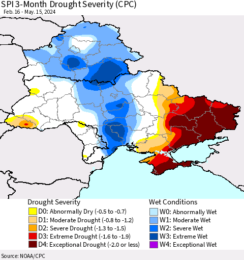 Ukraine, Moldova and Belarus SPI 3-Month Drought Severity (CPC) Thematic Map For 2/16/2024 - 5/15/2024