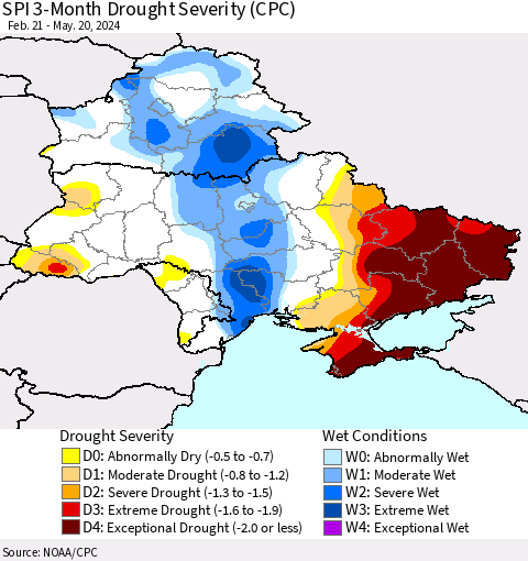 Ukraine, Moldova and Belarus SPI 3-Month Drought Severity (CPC) Thematic Map For 2/21/2024 - 5/20/2024