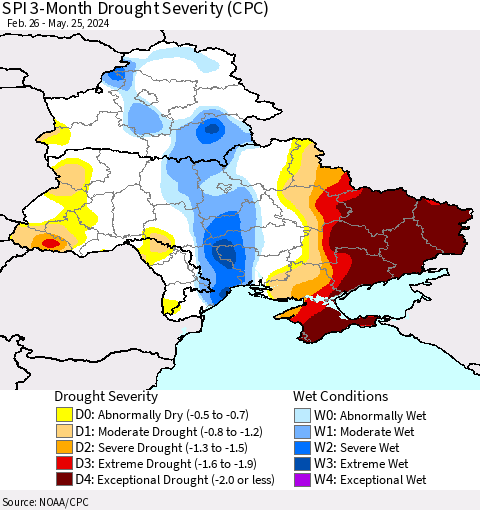 Ukraine, Moldova and Belarus SPI 3-Month Drought Severity (CPC) Thematic Map For 2/26/2024 - 5/25/2024