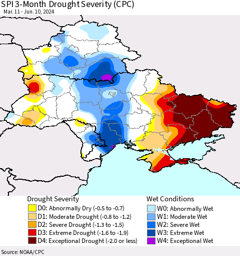 Ukraine, Moldova and Belarus SPI 3-Month Drought Severity (CPC) Thematic Map For 3/11/2024 - 6/10/2024