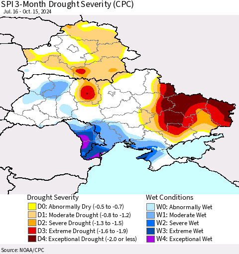 Ukraine, Moldova and Belarus SPI 3-Month Drought Severity (CPC) Thematic Map For 7/16/2024 - 10/15/2024