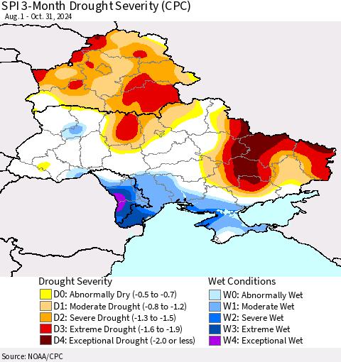 Ukraine, Moldova and Belarus SPI 3-Month Drought Severity (CPC) Thematic Map For 8/1/2024 - 10/31/2024