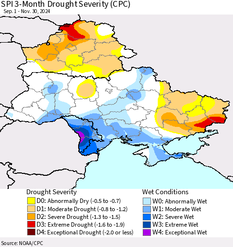 Ukraine, Moldova and Belarus SPI 3-Month Drought Severity (CPC) Thematic Map For 9/1/2024 - 11/30/2024