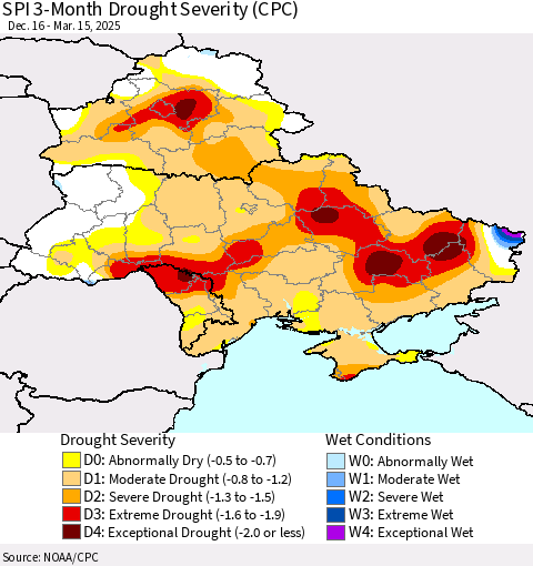 Ukraine, Moldova and Belarus SPI 3-Month Drought Severity (CPC) Thematic Map For 12/16/2024 - 3/15/2025