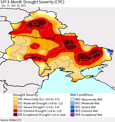 Ukraine, Moldova and Belarus SPI 3-Month Drought Severity (CPC) Thematic Map For 12/21/2024 - 3/20/2025