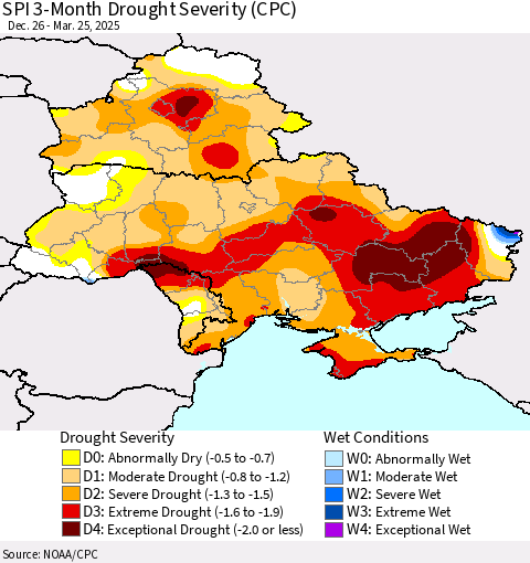 Ukraine, Moldova and Belarus SPI 3-Month Drought Severity (CPC) Thematic Map For 12/26/2024 - 3/25/2025