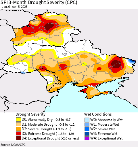 Ukraine, Moldova and Belarus SPI 3-Month Drought Severity (CPC) Thematic Map For 1/6/2025 - 4/5/2025