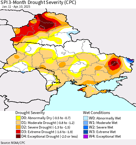Ukraine, Moldova and Belarus SPI 3-Month Drought Severity (CPC) Thematic Map For 1/11/2025 - 4/10/2025