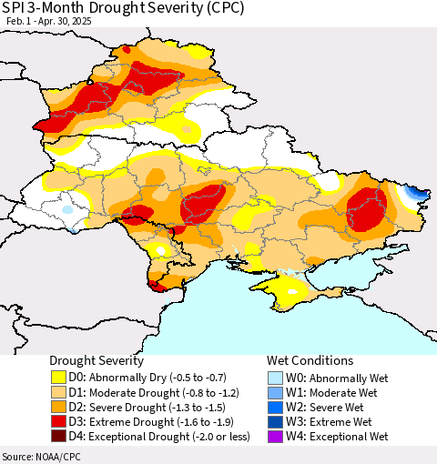 Ukraine, Moldova and Belarus SPI 3-Month Drought Severity (CPC) Thematic Map For 2/1/2025 - 4/30/2025