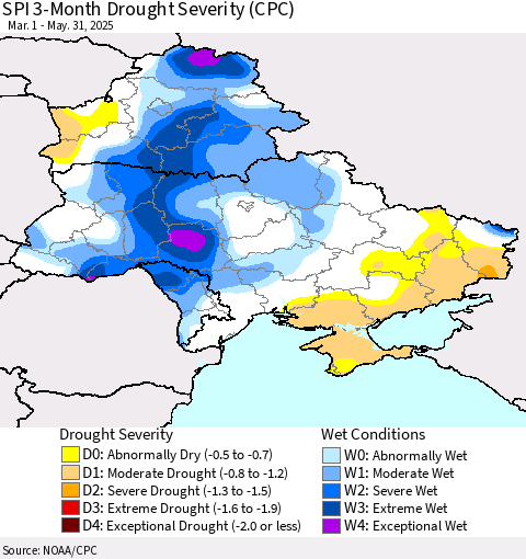 Ukraine, Moldova and Belarus SPI 3-Month Drought Severity (CPC) Thematic Map For 3/1/2025 - 5/31/2025