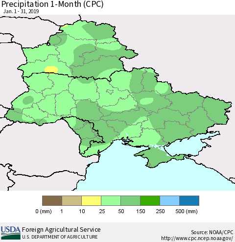 Ukraine, Moldova and Belarus Precipitation 1-Month (CPC) Thematic Map For 1/1/2019 - 1/31/2019
