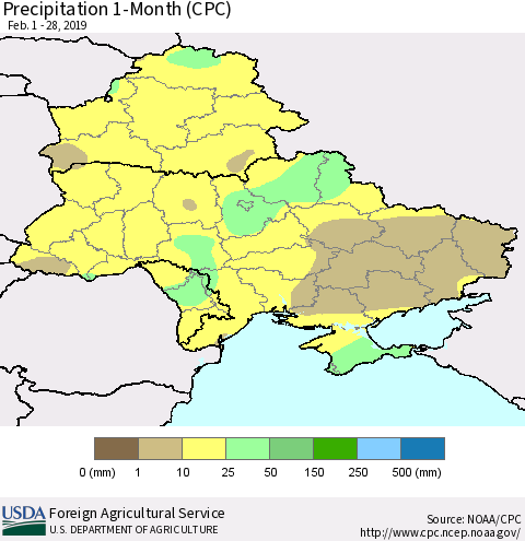 Ukraine, Moldova and Belarus Precipitation 1-Month (CPC) Thematic Map For 2/1/2019 - 2/28/2019
