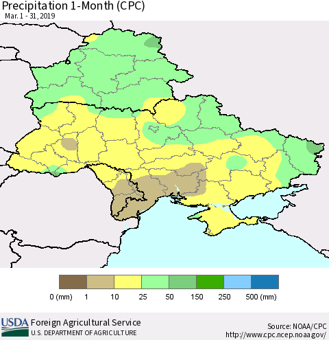 Ukraine, Moldova and Belarus Precipitation 1-Month (CPC) Thematic Map For 3/1/2019 - 3/31/2019