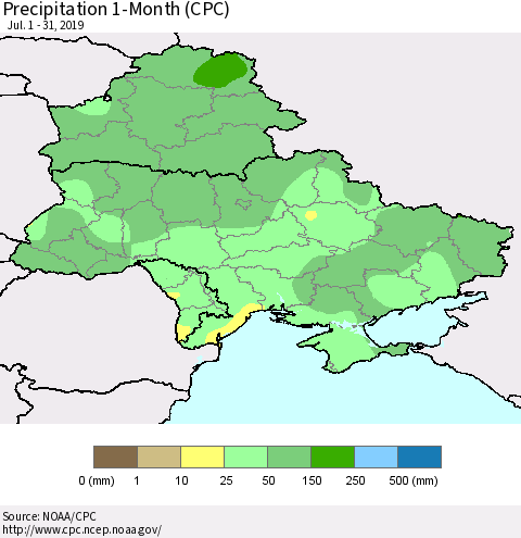 Ukraine, Moldova and Belarus Precipitation 1-Month (CPC) Thematic Map For 7/1/2019 - 7/31/2019