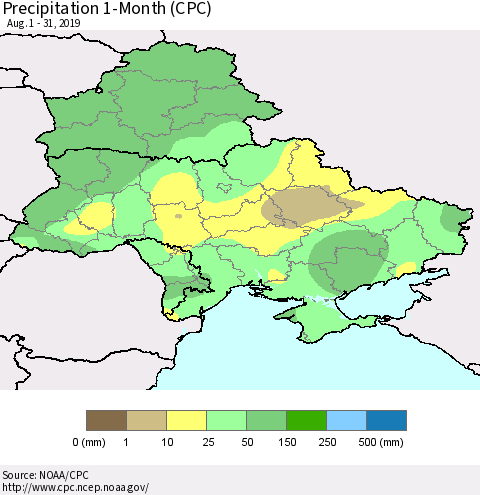 Ukraine, Moldova and Belarus Precipitation 1-Month (CPC) Thematic Map For 8/1/2019 - 8/31/2019