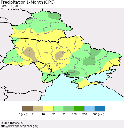 Ukraine, Moldova and Belarus Precipitation 1-Month (CPC) Thematic Map For 10/1/2019 - 10/31/2019