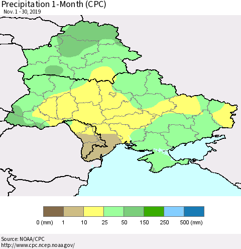 Ukraine, Moldova and Belarus Precipitation 1-Month (CPC) Thematic Map For 11/1/2019 - 11/30/2019