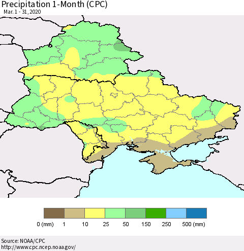 Ukraine, Moldova and Belarus Precipitation 1-Month (CPC) Thematic Map For 3/1/2020 - 3/31/2020