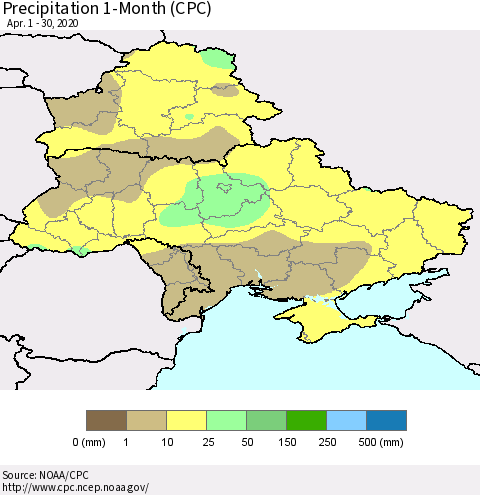 Ukraine, Moldova and Belarus Precipitation 1-Month (CPC) Thematic Map For 4/1/2020 - 4/30/2020