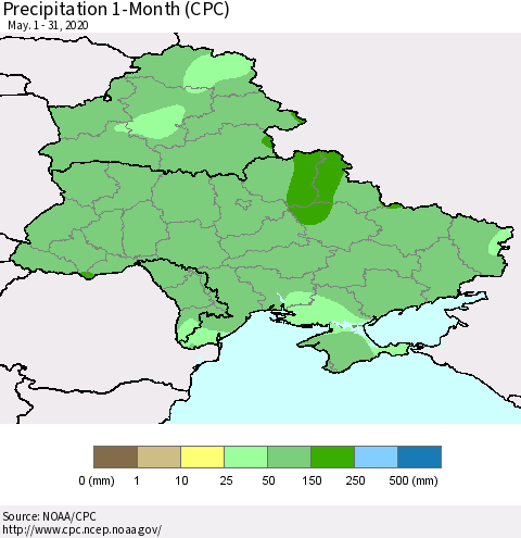 Ukraine, Moldova and Belarus Precipitation 1-Month (CPC) Thematic Map For 5/1/2020 - 5/31/2020