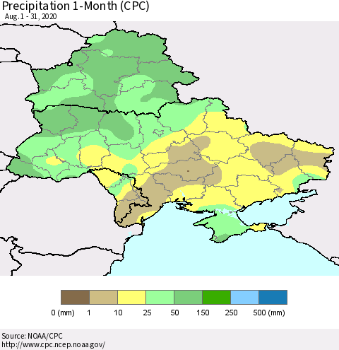 Ukraine, Moldova and Belarus Precipitation 1-Month (CPC) Thematic Map For 8/1/2020 - 8/31/2020