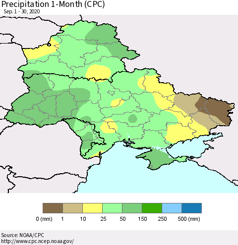 Ukraine, Moldova and Belarus Precipitation 1-Month (CPC) Thematic Map For 9/1/2020 - 9/30/2020
