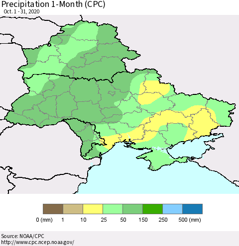 Ukraine, Moldova and Belarus Precipitation 1-Month (CPC) Thematic Map For 10/1/2020 - 10/31/2020
