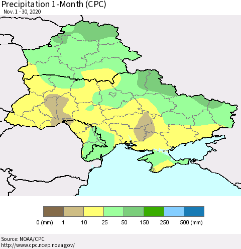 Ukraine, Moldova and Belarus Precipitation 1-Month (CPC) Thematic Map For 11/1/2020 - 11/30/2020