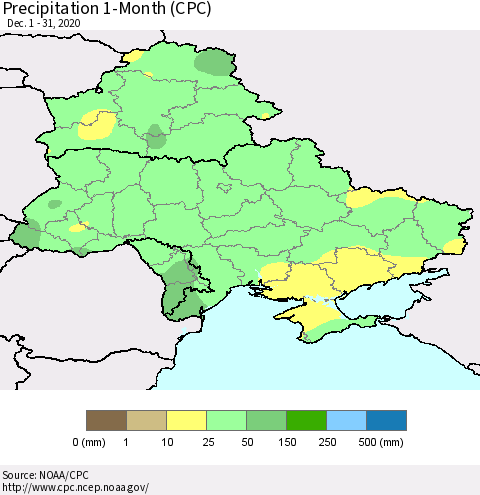 Ukraine, Moldova and Belarus Precipitation 1-Month (CPC) Thematic Map For 12/1/2020 - 12/31/2020