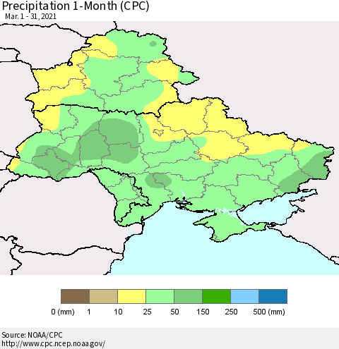 Ukraine, Moldova and Belarus Precipitation 1-Month (CPC) Thematic Map For 3/1/2021 - 3/31/2021