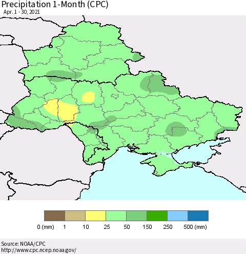 Ukraine, Moldova and Belarus Precipitation 1-Month (CPC) Thematic Map For 4/1/2021 - 4/30/2021