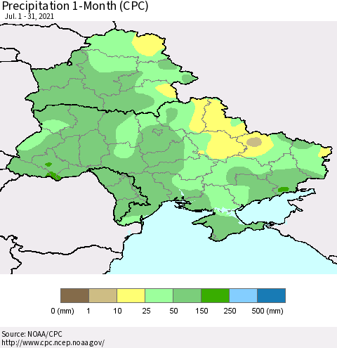 Ukraine, Moldova and Belarus Precipitation 1-Month (CPC) Thematic Map For 7/1/2021 - 7/31/2021