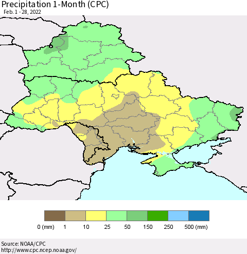 Ukraine, Moldova and Belarus Precipitation 1-Month (CPC) Thematic Map For 2/1/2022 - 2/28/2022