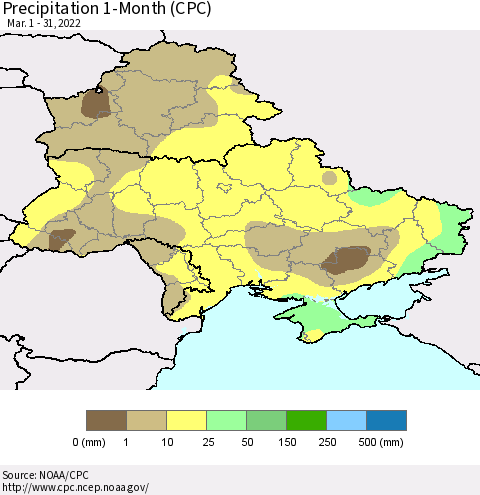 Ukraine, Moldova and Belarus Precipitation 1-Month (CPC) Thematic Map For 3/1/2022 - 3/31/2022