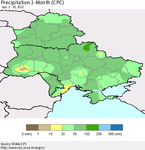 Ukraine, Moldova and Belarus Precipitation 1-Month (CPC) Thematic Map For 4/1/2022 - 4/30/2022